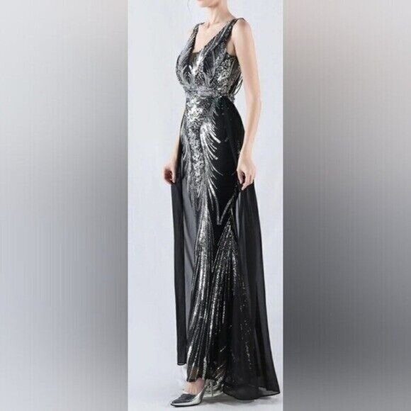 Black, Draped Skirt, Beaded Back,  V Neck,  Sleeveless, Sequined Mermaid… - Picture 9 of 16